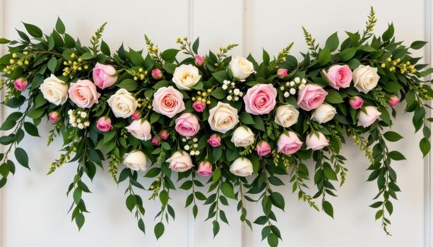 A cascading ivy and rose garland arranged elegantly to add softness and height to the decor. photo