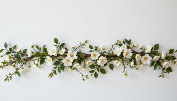 A subtle garland of white blossoms and vines elegantly complementing any minimal setting. photo