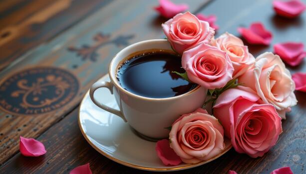 un café taza abrazado por rosas arreglado en suave fluido formas foto