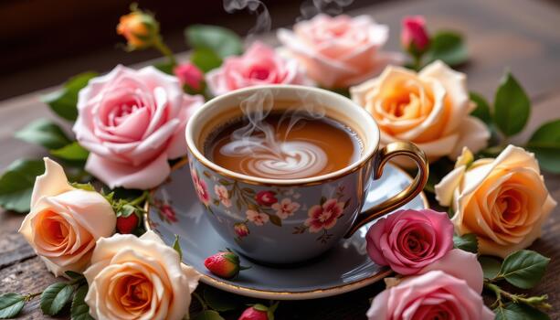 un humeante café taza rodeado por rosas en animado colores, creando un acogedor suave humor. foto