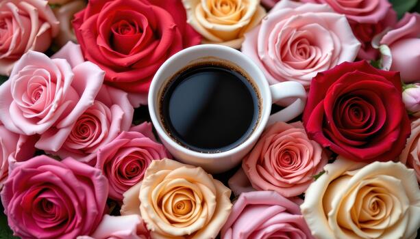 un café taza anidado dentro rosas en varios matices creando visual encanto. foto