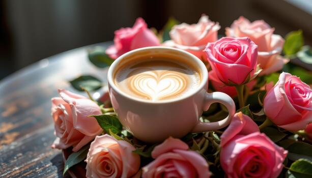 un calentar latté brillante suavemente entre rosas arreglado pulcramente. foto