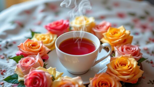 un humeante taza metido dentro un anillo de rosas en brillante matices, creando un calentar onda. foto