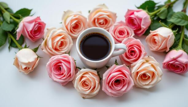 A coffee cup surrounded by roses arranged elegantly in smooth flowing shapes. photo