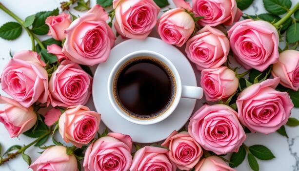 A warm cup of coffee embraced by roses arranged in a graceful sweeping pattern. photo