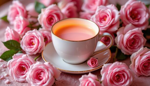 un taza brillante suavemente dentro rosas en pastel tonos, creando un soñador suave mirar. foto