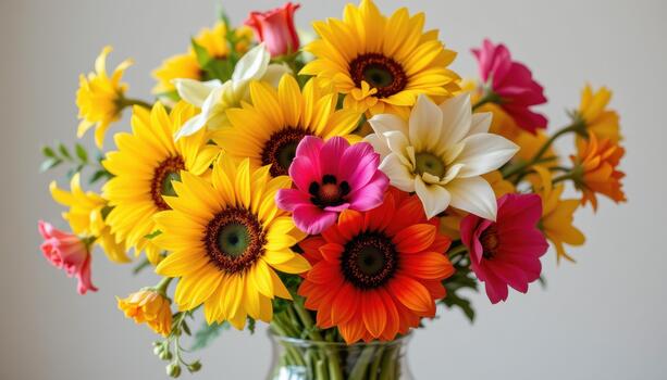 A vase overflowing with sunflowers, daffodils, and vivid poppies in joyful tones. photo