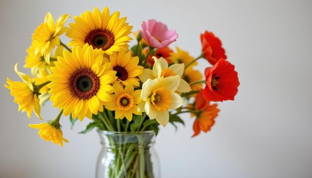 A vase overflowing with sunflowers, daffodils, and poppies in vivid and cheerful colors. photo