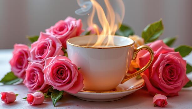 un humeante taza brillante en lozano rosas arreglado creativamente en un equilibrado grupo. foto