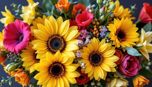 un encantador arreglo de girasoles, narcisos, y amapolas creando calentar acogedor vibras. foto