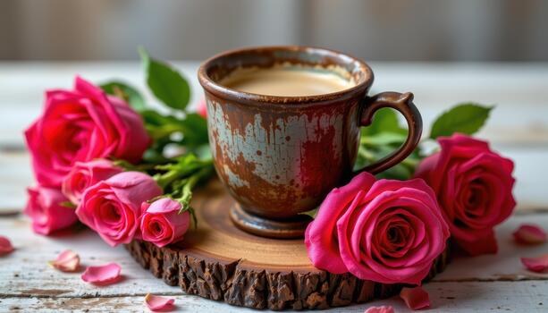 A rustic cup surrounded by roses set on a textured wooden base. photo
