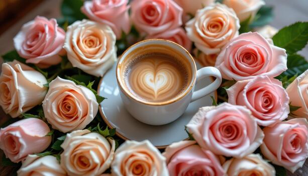 un latté taza anidado en rosas arreglado en espiral creando encanto. foto