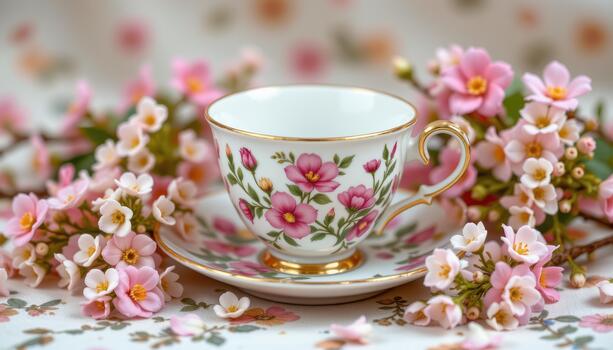 A delicate tea cup embraced by small pastel flowers in soft flowing patterns. photo