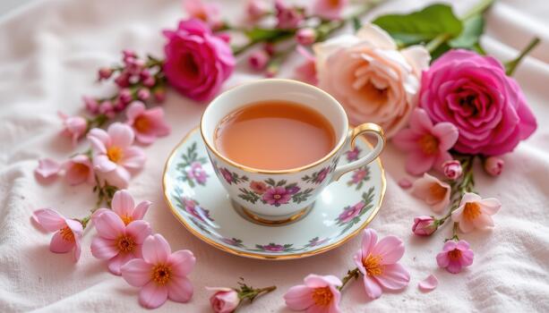 A serene tea setup with flowers forming soft flowing patterns around the cup. photo