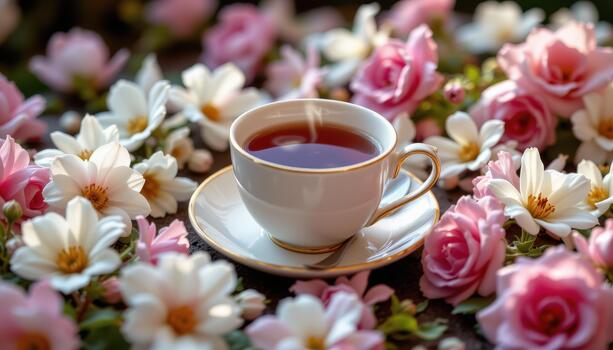 A steaming cup of tea placed amid flowers forming soft flowing patterns. photo