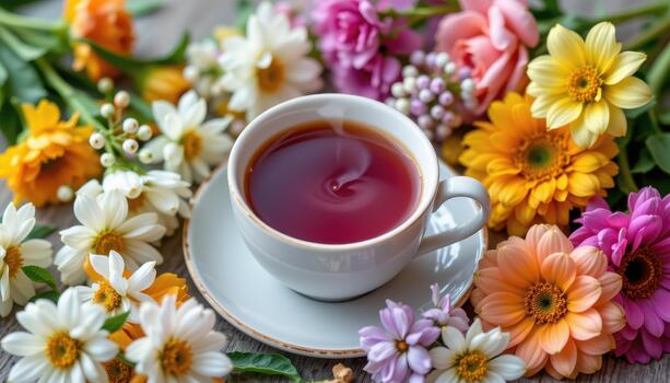 un humeante taza de té abrazado por Fresco flores arreglado con cuidado para calma vibras. foto