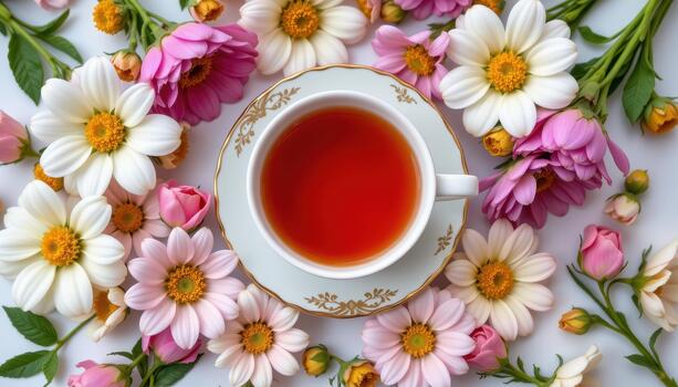 A calm cup of tea surrounded by flowers arranged in gentle, flowing patterns. photo