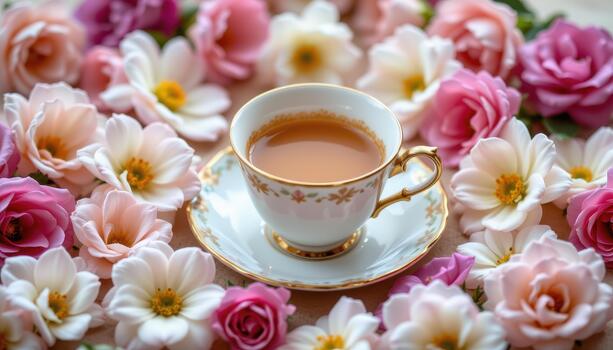 A delicate tea cup resting among flowers arranged in soft harmonious patterns. photo