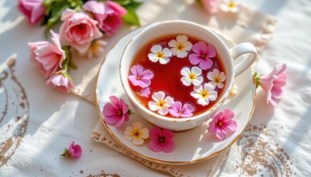 A serene cup of tea with flowers forming soft natural flowing patterns. photo