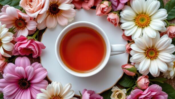 A cup of tea embraced by flowers arranged gracefully in soft, harmonious patterns. photo