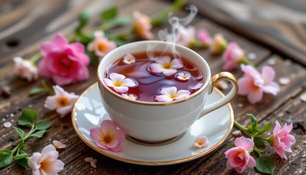 A steaming cup of tea with flowers forming soft, flowing patterns for tranquility. photo