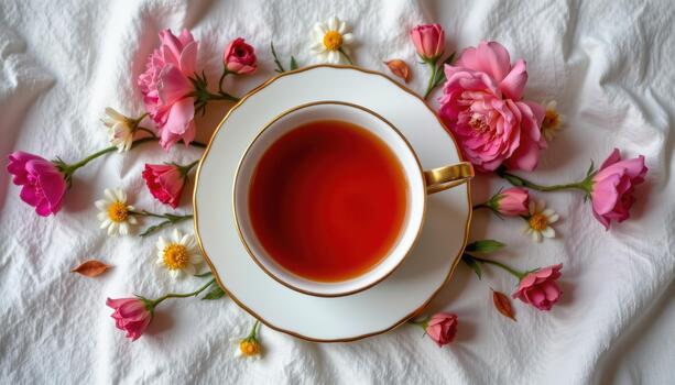 A cup of tea embraced by flowers forming soft flowing patterns on a linen cloth. photo
