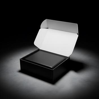 Empty Open Black Box With Wrapping Paper Mockup In Dark Studio photo