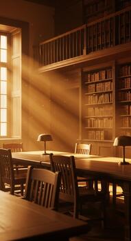 A library with tables and chairs in front of a window photo