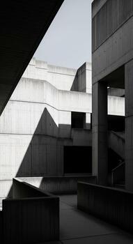 Monochromatic brutalist architecture with dramatic shadows and stark geometric forms under a clear sky photo