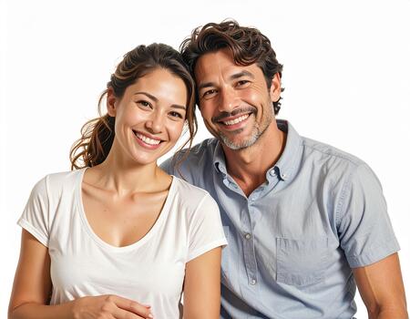 Smiling young couple posing together with happiness and casual clothing on white background, showing warmth and connection photo
