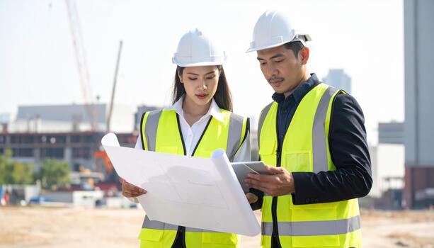 Construction site engineer team reviewing blueprint and digital tablet, wearing safety helmet and reflective vest, working on building project with focus and collaboration photo