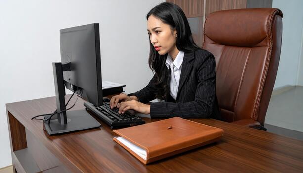 Young businesswoman working on computer in office, focused on typing on keyboard with leather folder on wooden desk, professional environment with modern chair and minimalistic design photo