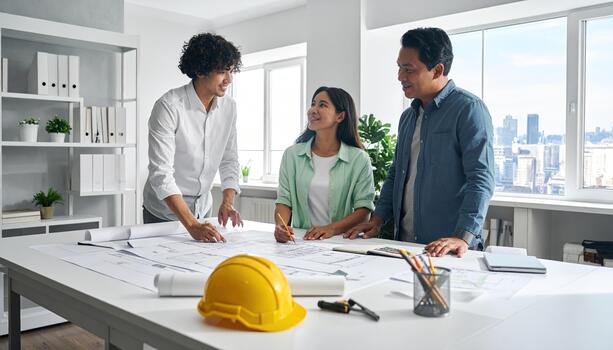Young architects discussing blueprint plans in modern office with city view, showing collaboration and creative teamwork in bright workspace with construction helmet and tools on table photo