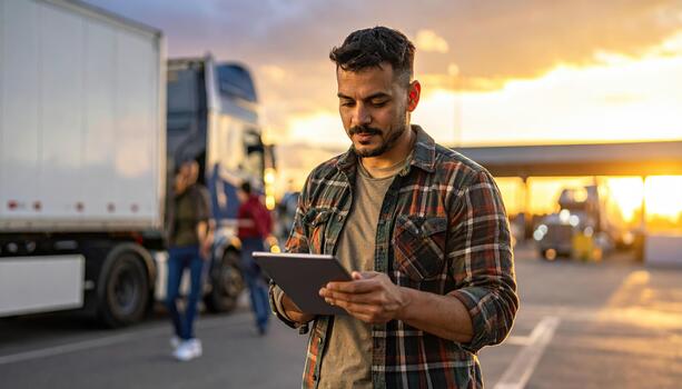 Man using digital tablet at truck stop during sunset with trucks and people in background, showing focus and casual style in outdoor setting photo