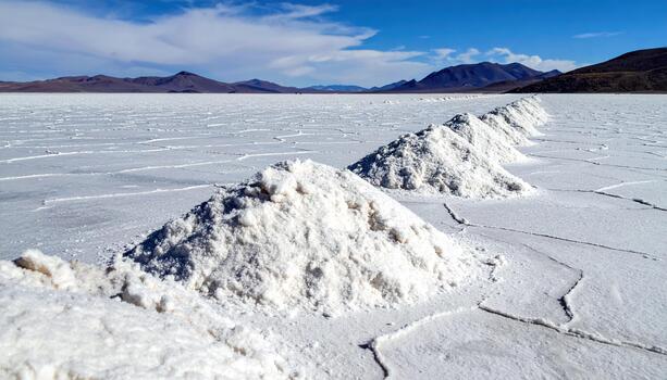 Salt piles on cracked salt flat under blue sky with mountain range in background, creating serene and expansive natural landscape scene photo