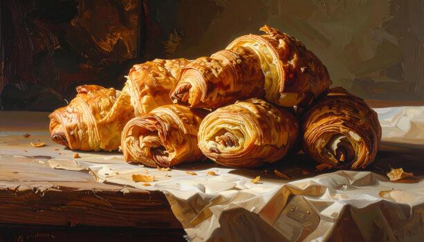 Freshly baked croissant rolls stacked on rustic wooden table with crumpled parchment paper, warm golden brown flaky texture inviting and delicious photo