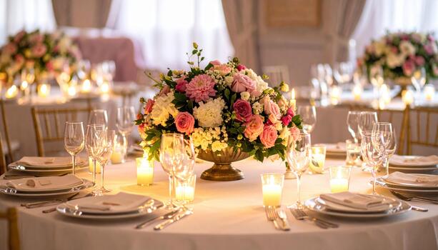Elegant floral centerpiece with pink and white flowers on round table set for formal event, surrounded by glassware, candles, and neatly arranged plates, creating warm ambiance photo