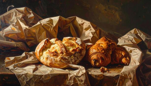 Fresh bread and croissants on crumpled brown paper with warm lighting creating cozy and inviting atmosphere in rustic setting photo