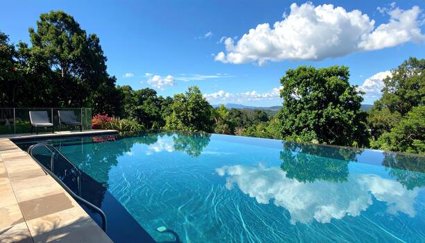 Infinity pool with clear blue water reflects white clouds and green trees under bright sunny sky, creating peaceful and refreshing outdoor scene in natural setting photo
