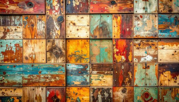 Colorful weathered wooden planks arranged in grid pattern create rustic and textured background with peeling paint and natural wood grain, evoking warm and artistic atmosphere photo