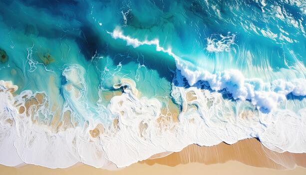 Ocean wave crashing on sandy beach with white foam and turquoise water creating dynamic and refreshing coastal scene full of natural beauty and energy photo