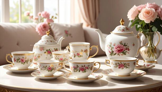 Porcelain tea set with floral design on white table in cozy living room with pink roses and soft natural light creating warm and inviting atmosphere photo