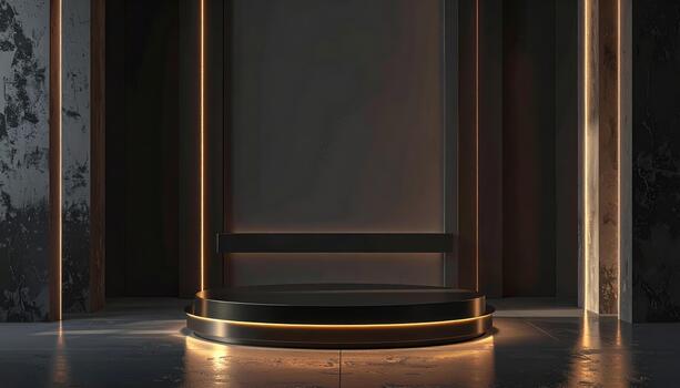 Modern black podium with warm golden light accents in dark textured room, creating sleek and elegant atmosphere for product display or presentation photo