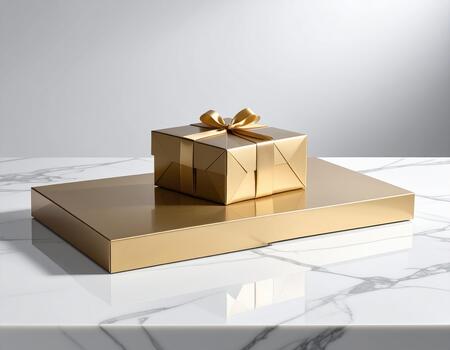 dorado regalo caja con cinta y arco en mas grande dorado rectangular caja metido en blanco mármol superficie, creando lujoso y elegante presentación con suave Encendiendo foto