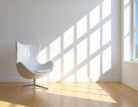 White modern chair in bright room with sunlight casting window shadows on wooden floor and wall, creating calm and peaceful atmosphere photo