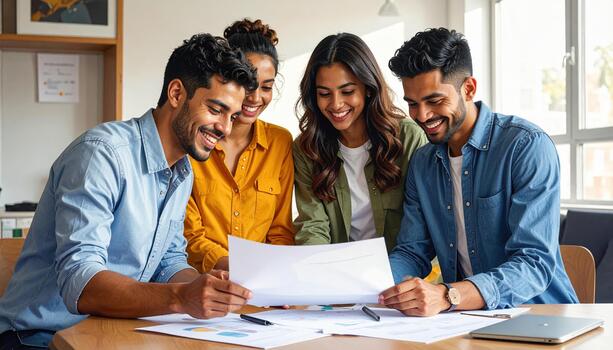 Young adults smiling and collaborating on project with documents and laptop in bright modern office, showing teamwork and positive energy photo