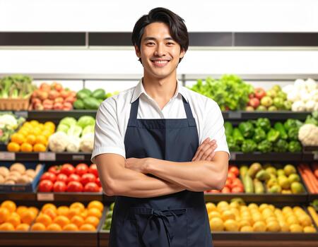Smiling man in apron standing with arms crossed in fresh produce section of grocery store showing confidence and friendliness photo