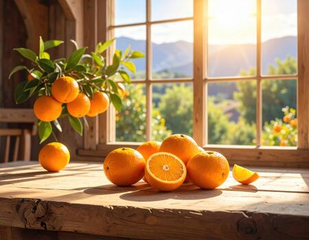 Fresh ripe orange fruit on wooden table with sunlight through window and mountain view, creating warm and peaceful atmosphere in rustic kitchen photo