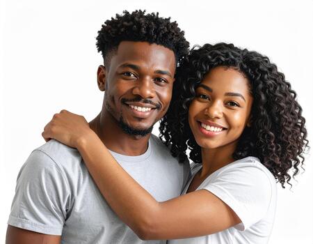 A young couple is smiling and hugging photo