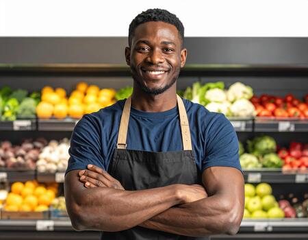 Smiling man with crossed arms wearing apron standing in front of fresh fruit and vegetable display in grocery store, confident worker with friendly expression photo